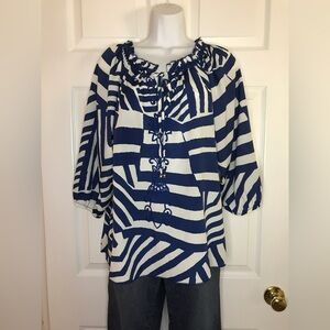 Joy Joy Women’s Navy White Embroidered Graphic Print Peasant Blouse M